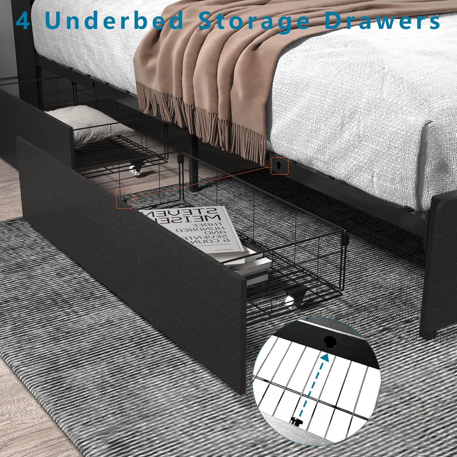 Ball & Cast Full Bed Frame with 4 Storage Drawers,Metal Platform Beds Frame W/Storage Headboard,Led and Charging Station,No Box Spring Needed,Noise-Free,Bedroom Furniture for Apartment,Black