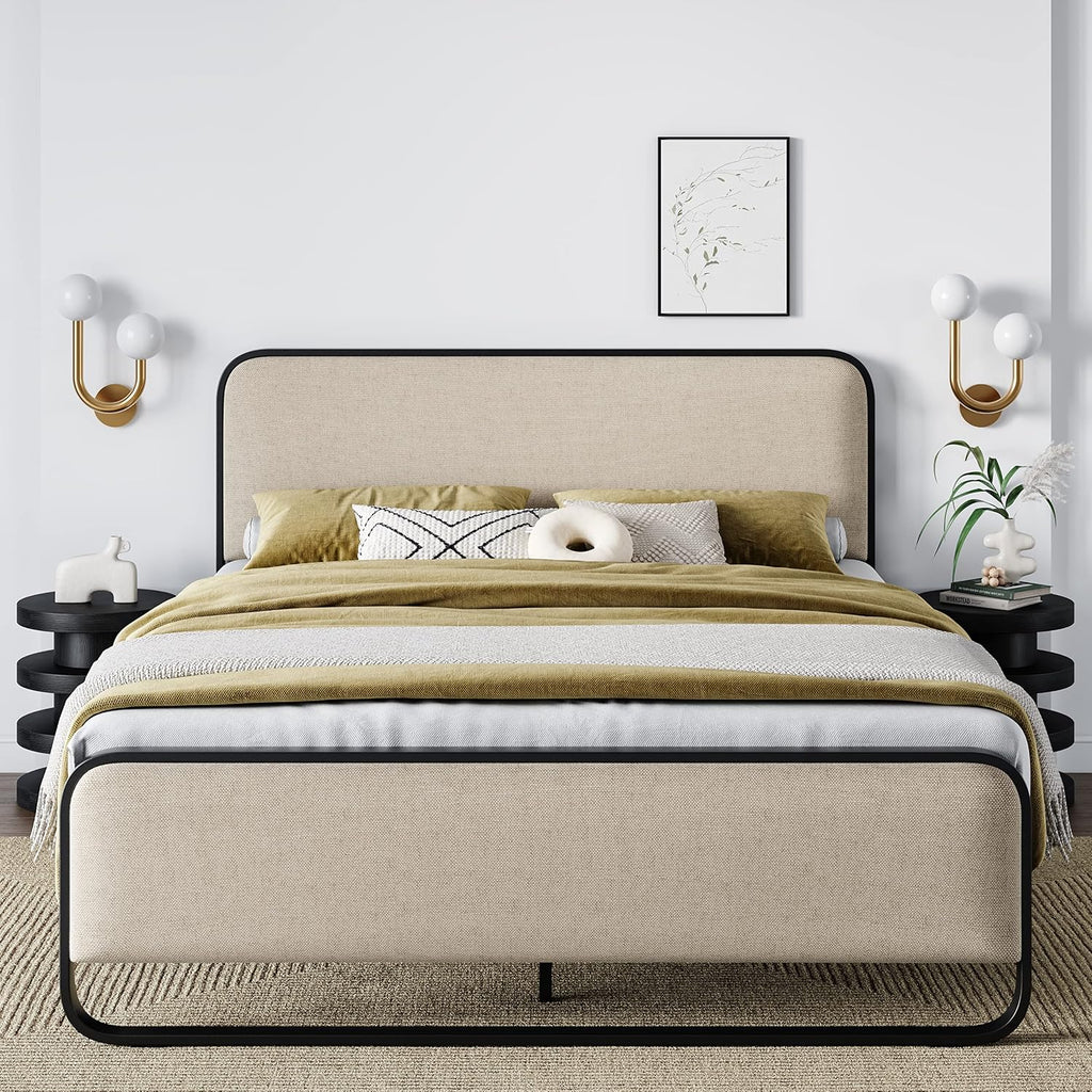 Allewie Full Size Metal Bed Frame with Curved Upholstered Headboard and Footboard, Platform Bed Frame with 12.4'' Under Bed Storage, No Box Spring Needed, Vintage, Beige