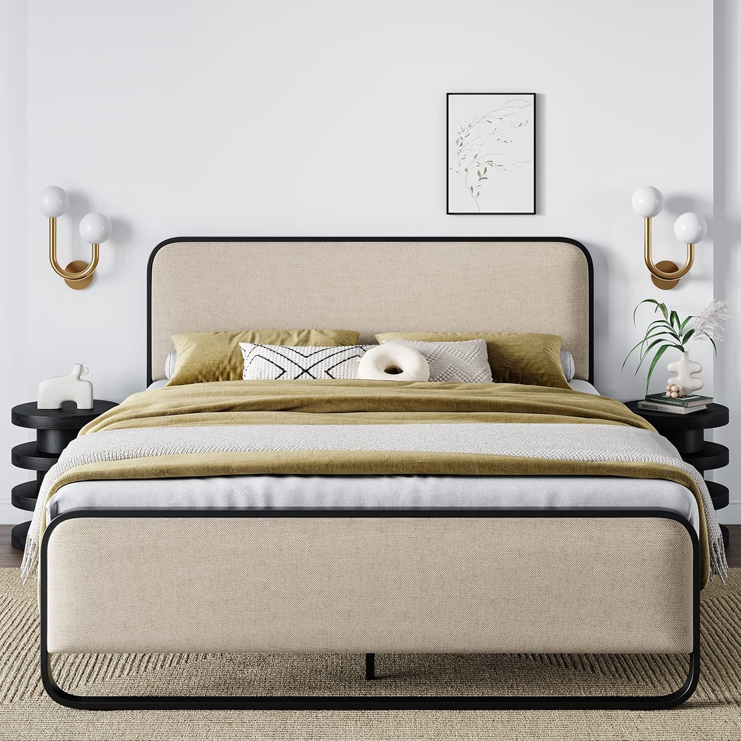 Allewie Full Size Metal Bed Frame with Curved Upholstered Headboard and Footboard, Platform Bed Frame with 12.4'' Under Bed Storage, No Box Spring Needed, Vintage, Beige