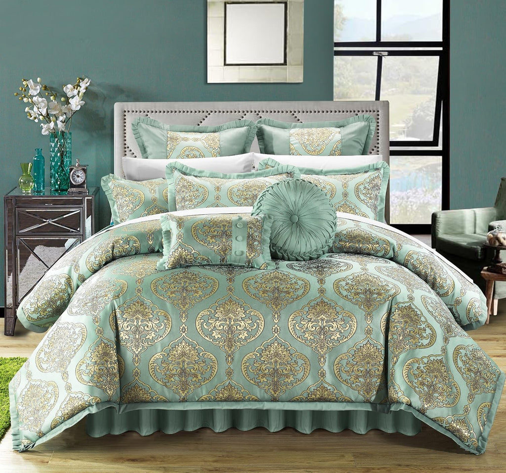 Chic Home CS4630-AN 9 Piece Como Decorator Upholstery Quality Jacquard Motif Fabric Bedroom Comforter Set & Pillows Ensemble, King, Blue