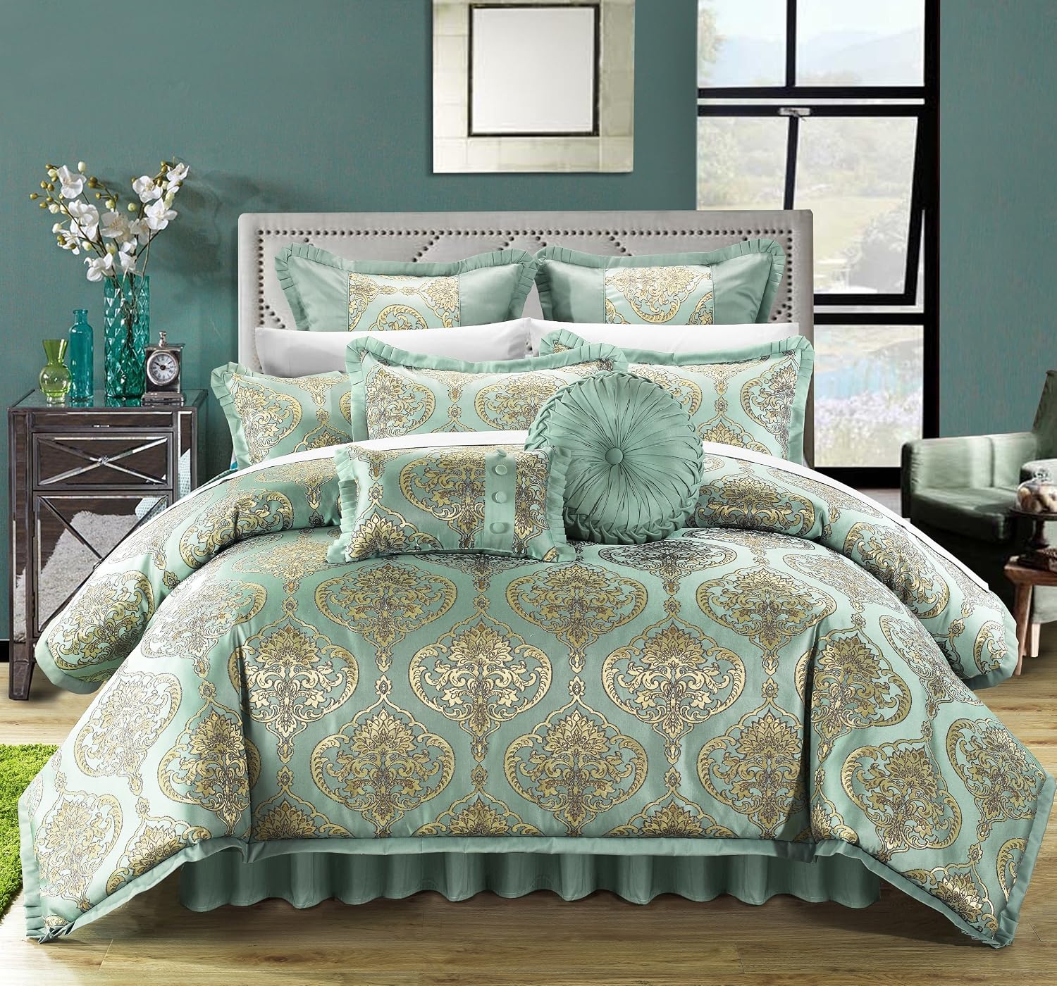 Chic Home CS4630-AN 9 Piece Como Decorator Upholstery Quality Jacquard Motif Fabric Bedroom Comforter Set & Pillows Ensemble, King, Blue