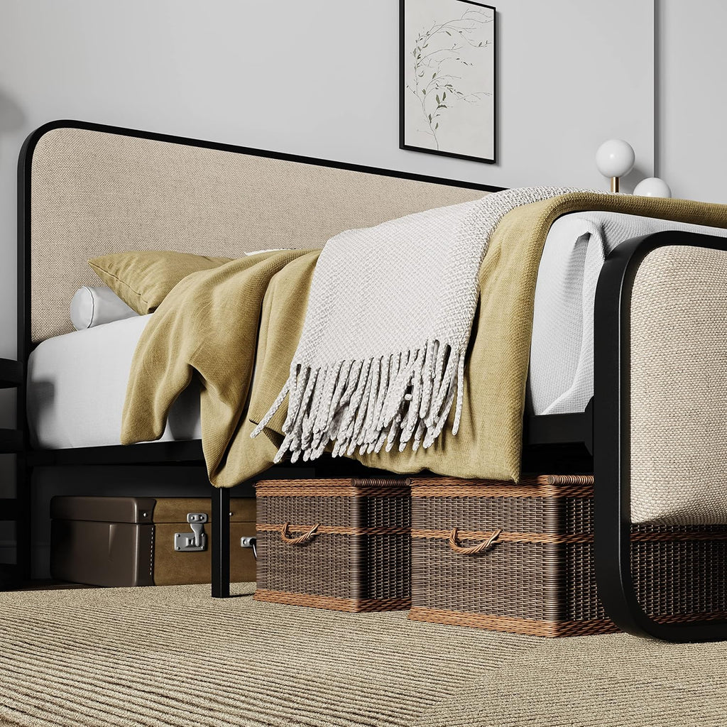 Allewie Full Size Metal Bed Frame with Curved Upholstered Headboard and Footboard, Platform Bed Frame with 12.4'' Under Bed Storage, No Box Spring Needed, Vintage, Beige
