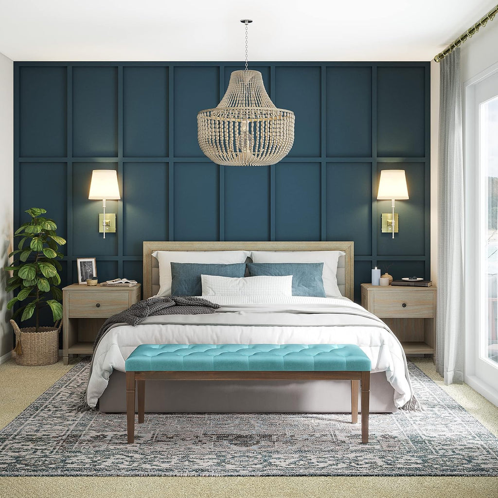 SIMPLIHOME Waverly 48 inch Wide Traditional Rectangle Tufted Ottoman Bench in Aqua Velvet Fabric, Assembled for the Living Room and Bedroom