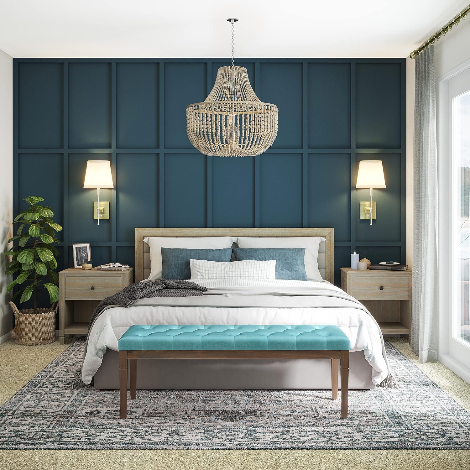 SIMPLIHOME Waverly 48 inch Wide Traditional Rectangle Tufted Ottoman Bench in Aqua Velvet Fabric, Assembled for the Living Room and Bedroom